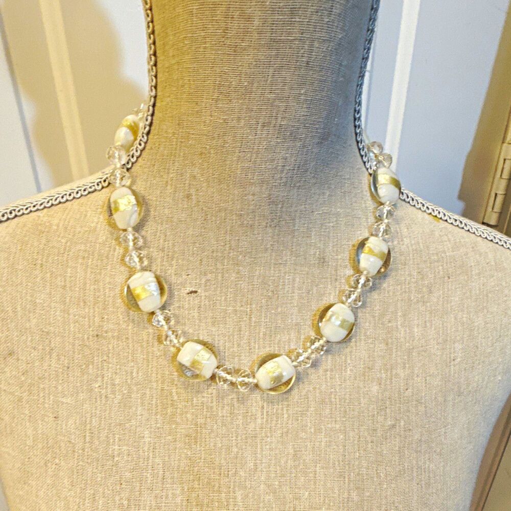 White Clear Glass Beaded Necklace Round Beads 16 in Lobster Clasp